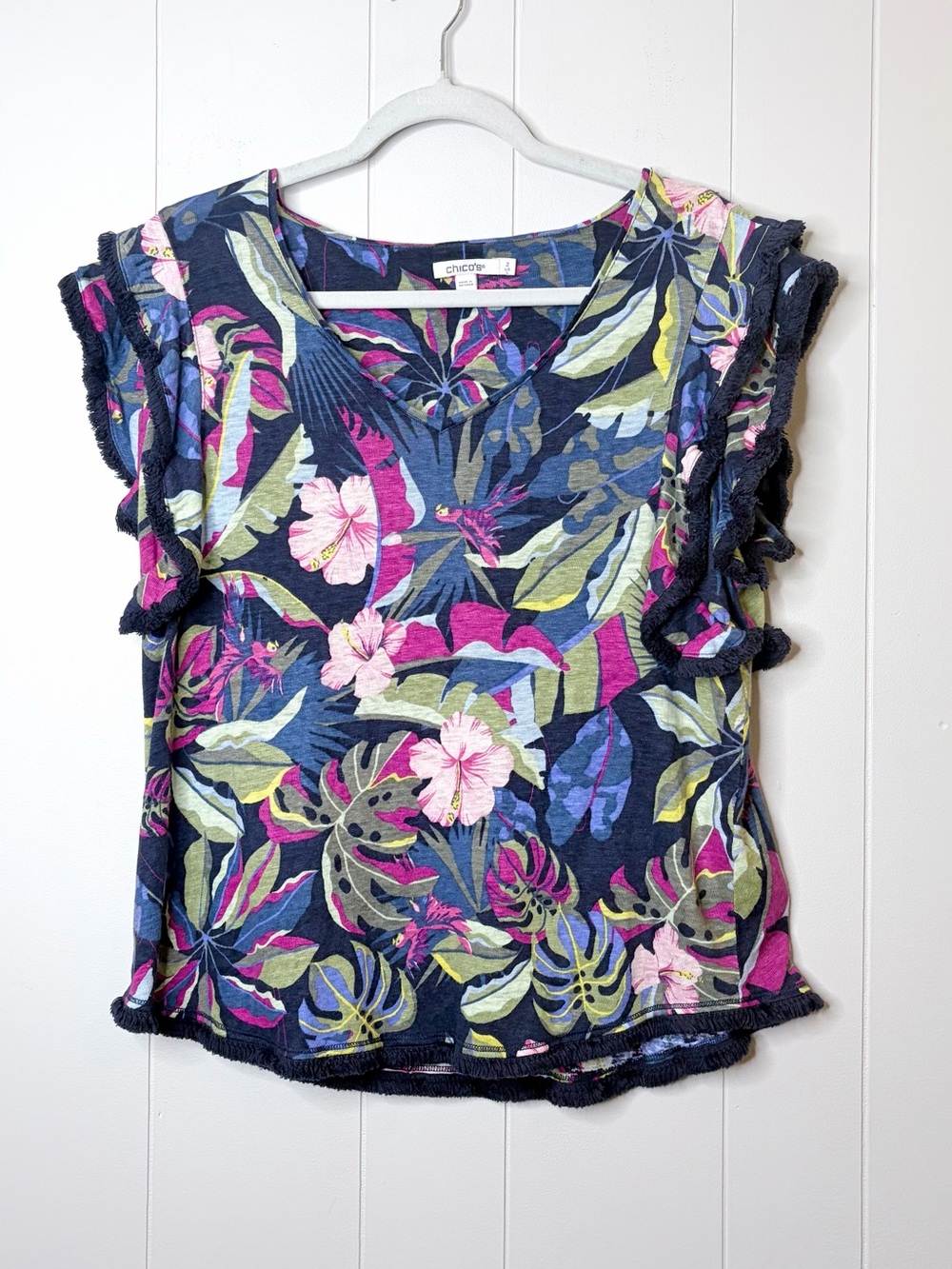 Chico's Navy Tropical Floral Ruffle Sleeve Blouse Fringe Trim Large / 2